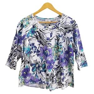 Hot Cotton Women's Blue Floral Top Cotton Knit  3/4 Sleeve Tie Front Sz Petite M